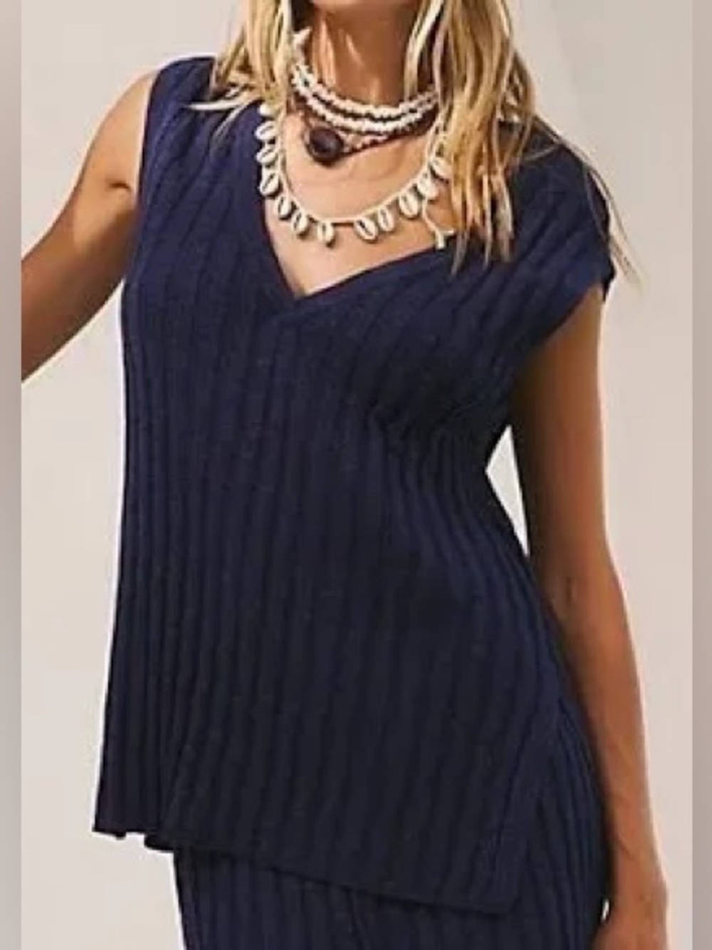 Free People Beach Sleeveless V-Neck Ribbed Knit Top in Navy